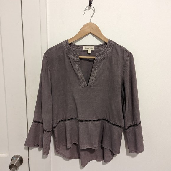 Anthropologie Cloth & Stone Grey Lattice Detail Bell Sleeve Top - Picture 4 of 13